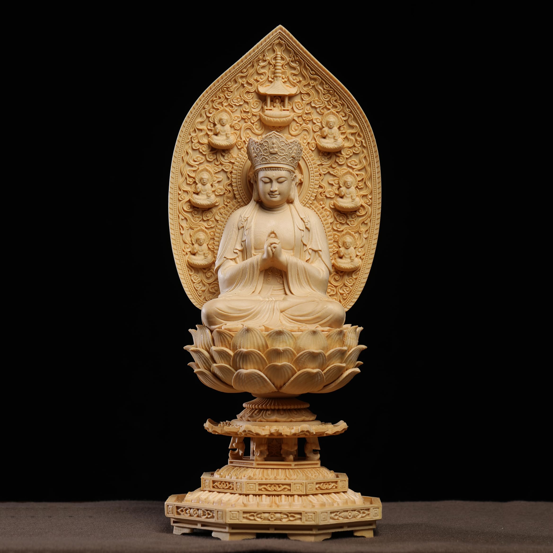 【修縁堂】時代木彫 細密彫刻 毘盧遮那仏 木造仏像 仏教工芸品 Amazon｜仏像 盧遮那仏/盧舎那仏 仏像 胎蔵界 木彫り 桧木製 飛天光背
